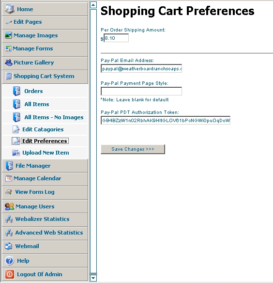 Shopping Cart Preferences Screen